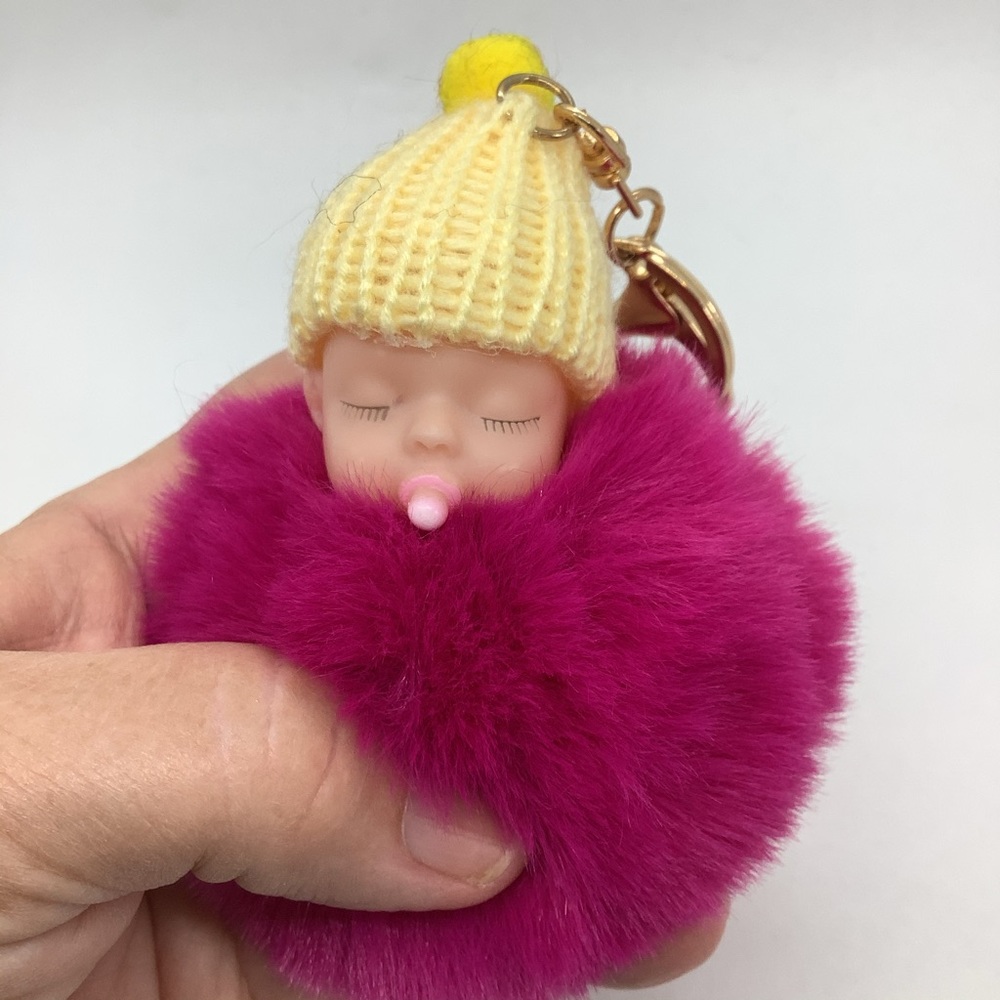 Faux fur Sleeping Baby with Pacifier KEY CHAIN NEW